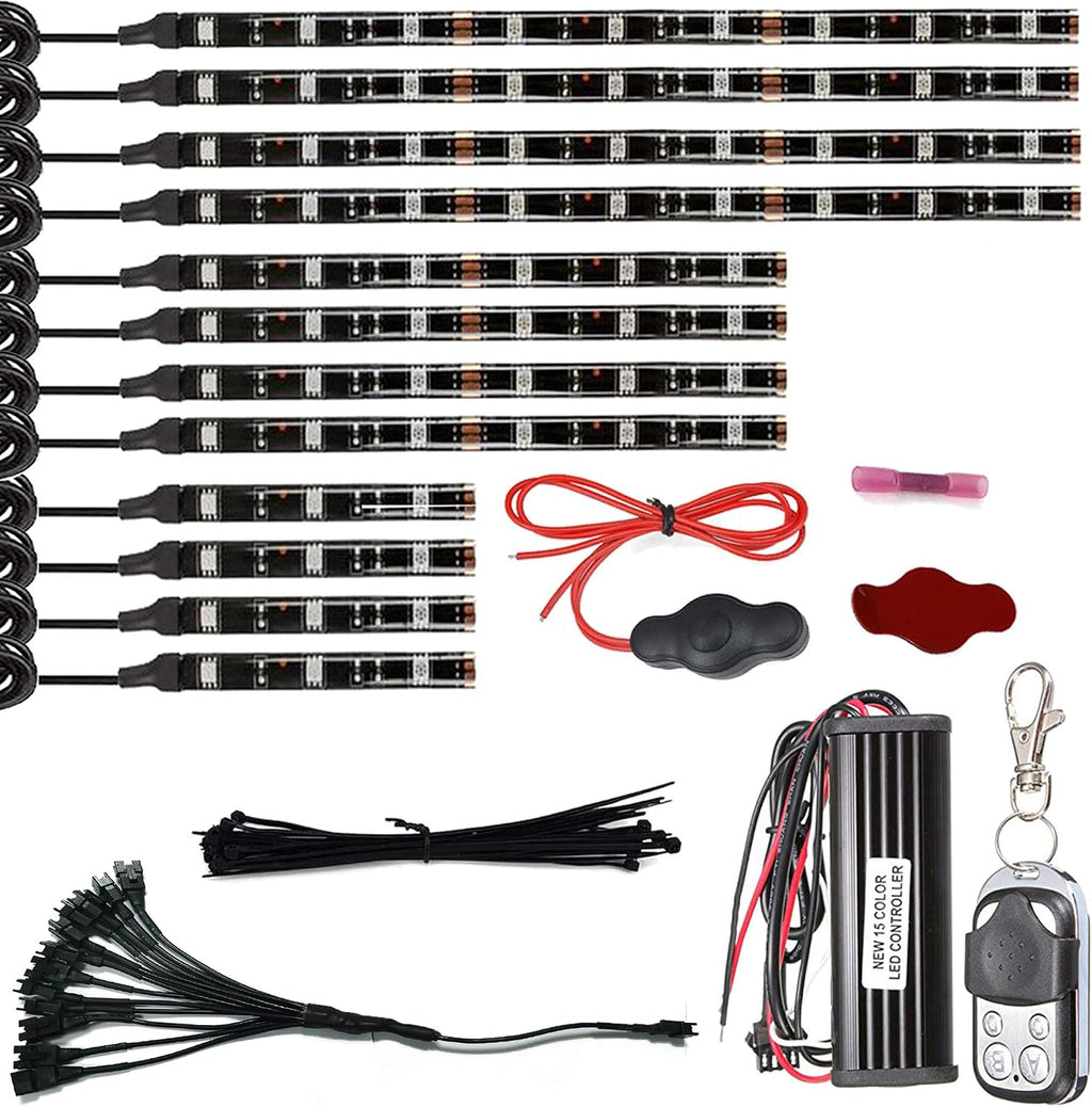 12Pcs Vehicle Motorcycle LED Light Kit Strips Multi-Color Accent Glow Lighting Neon Lights Lamp Flexible with Remote