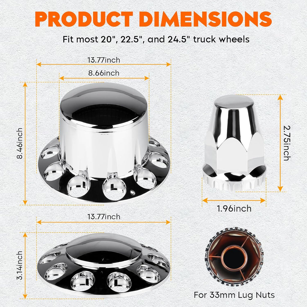 Chrome ABS 33 mm Thread-On Dome Axle Cover Combo Kit, 2 Front and 4 Rear with Removable Hub Caps and Lug Nut Covers for Semi Truck