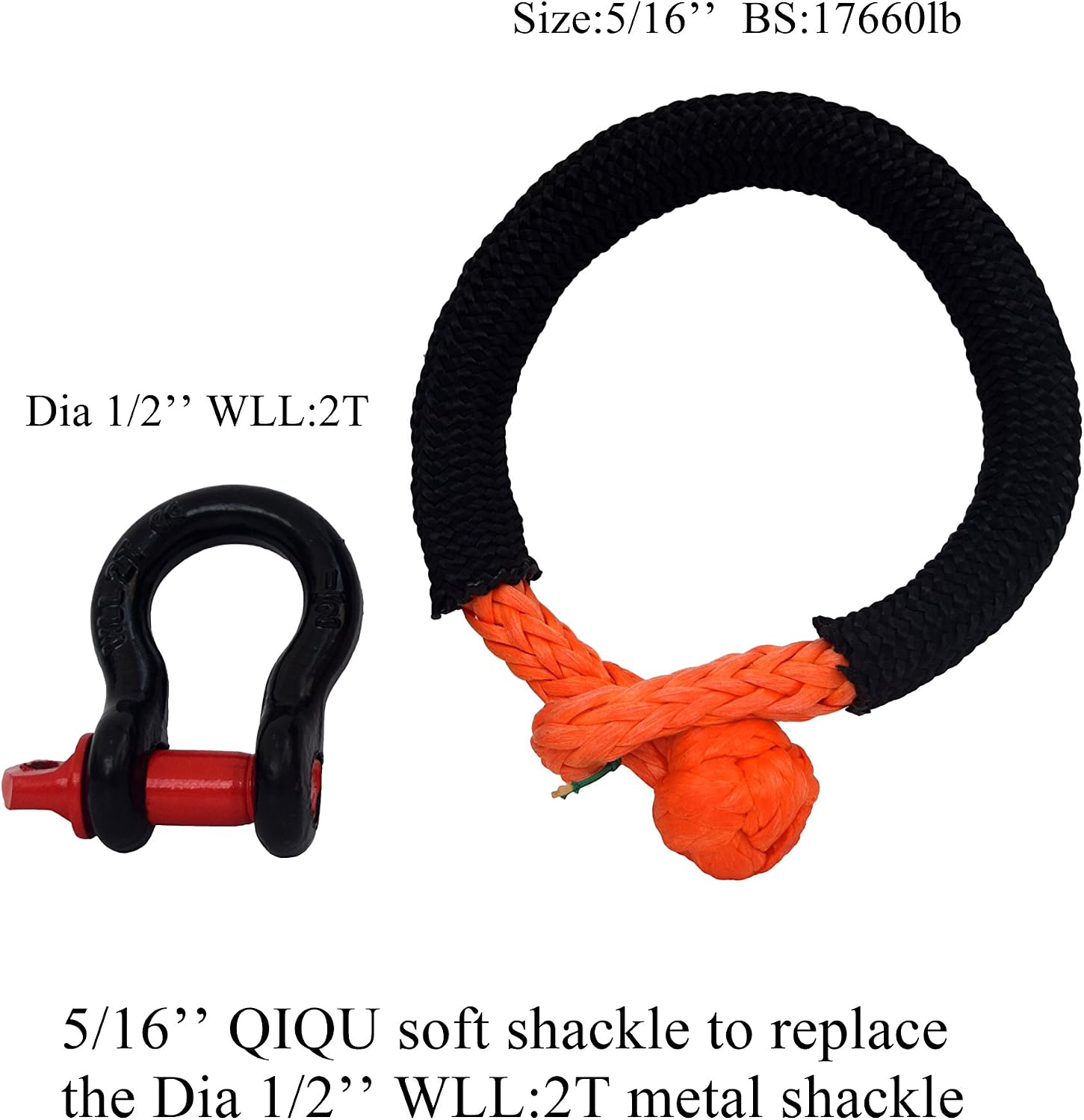 QIQU Synthetic Soft Shackle for Boating ATV UTV SUV 4X4 Truck Recovery Together with Recovery Rope 1 Pack (5/16'', Orange)