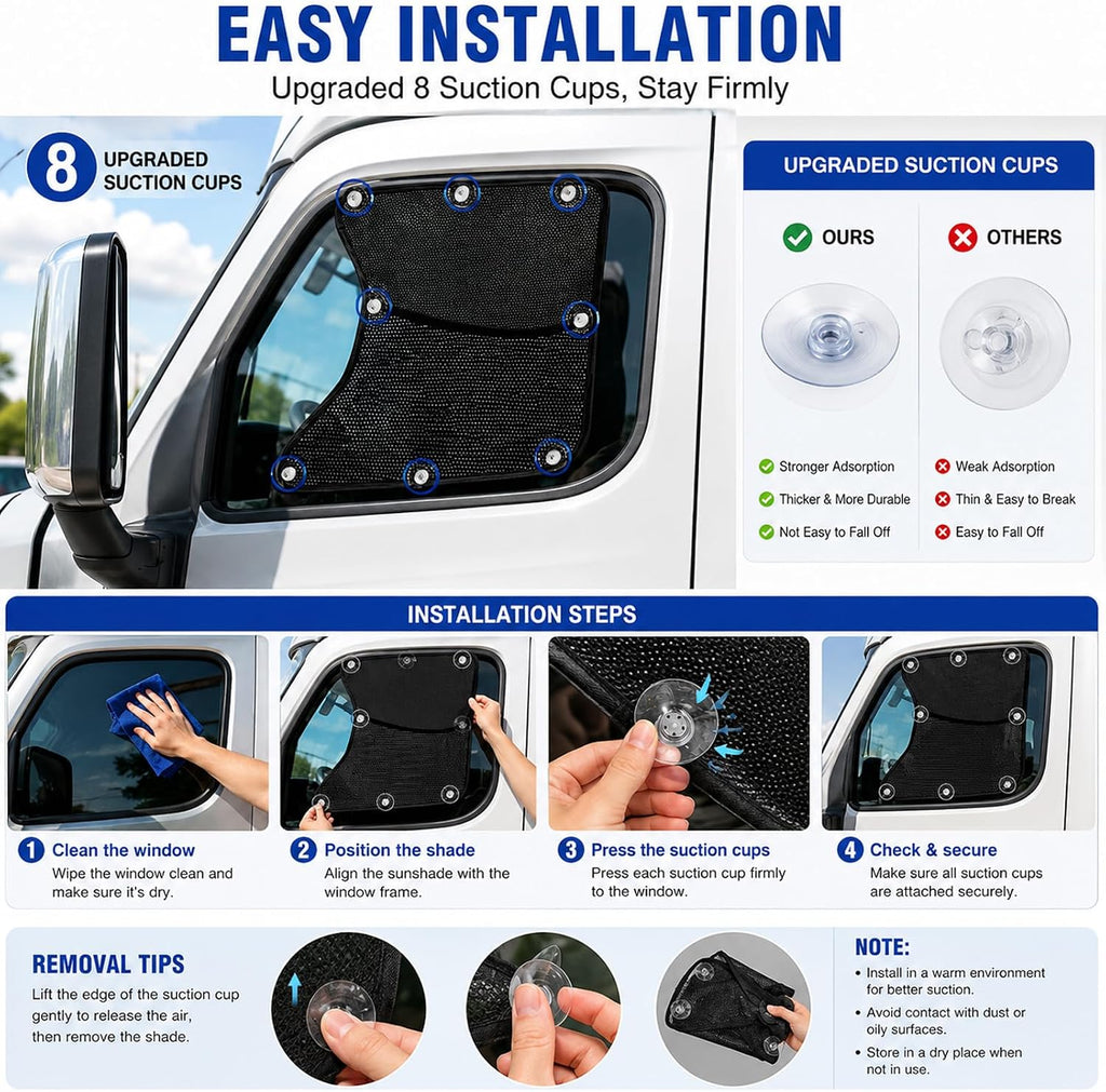 Semi Truck Side Window Sun Shades for Hino 258LP 2015-2026, 2 Pack Breathable Privacy Mesh Window Covers with 8 Suction Cups, Driver & Passenger Side | Helps reduce cabin heat, maintains outside visibility, flexible fabric, everyday travel ready