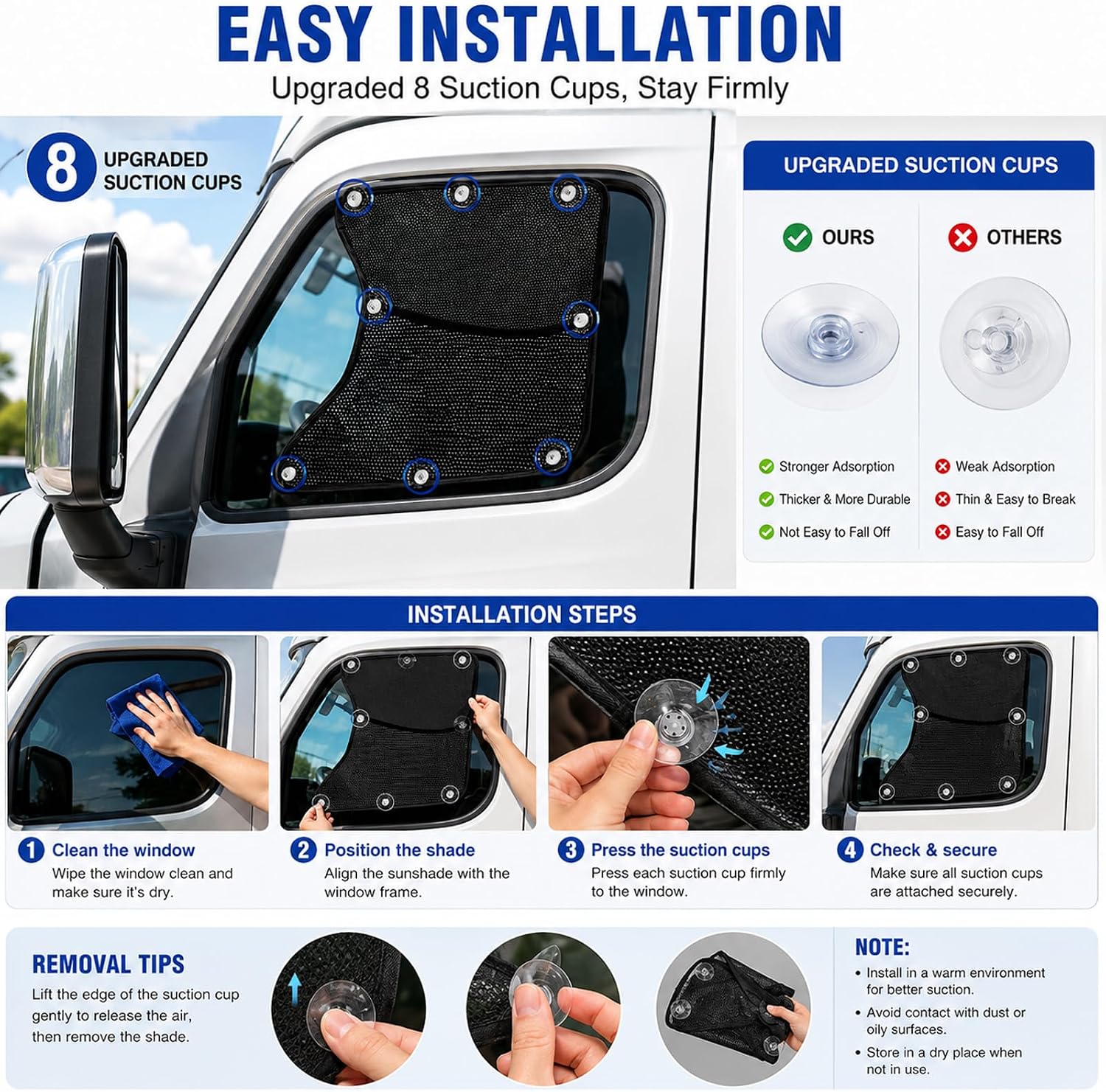 Semi Truck Side Window Sun Shades for Hino 258LP 2015-2026, 2 Pack Breathable Privacy Mesh Window Covers with 8 Suction Cups, Driver & Passenger Side | Helps reduce cabin heat, maintains outside visibility, flexible fabric, everyday travel ready