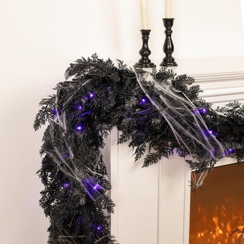 Pre-lit Halloween Garland Decorations Black Real Touch Cedar Cypress with Ber...
