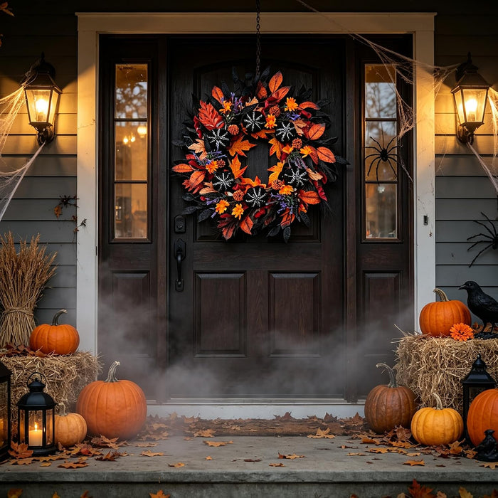 Halloween Wreath for Front Door, 24 Inch Fall Wreath with Black Pumpkins Maple Leaves Orange Flowers, Spooky Autumn Harvest Halloween Decor for Door Wall Indoor Outdoor