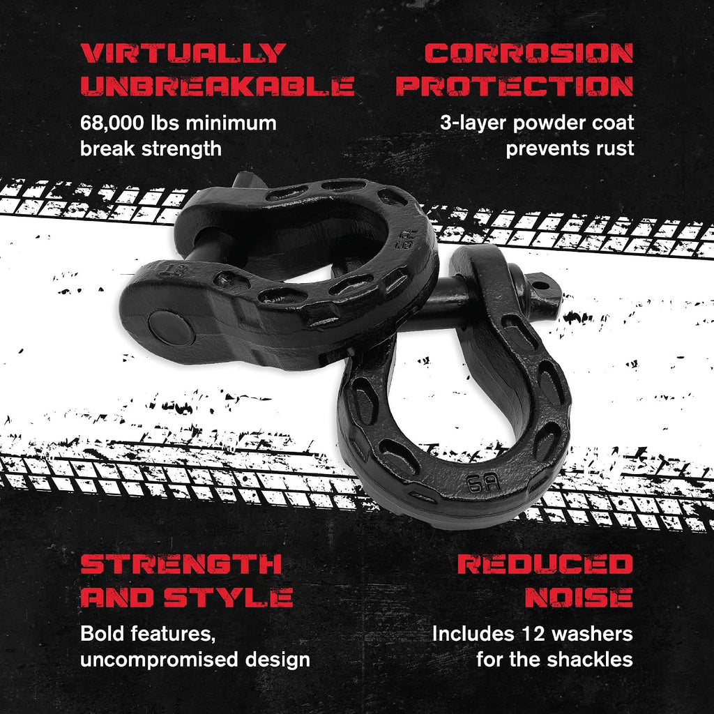GearAmerica Mega Shackles – 68,000 lbs Capacity, Stronger Than 3/4" D Rings –Tow Shackle & 7/8" Pin & Washers – Securely Connect Tow Strap or Winch Rope for Off-Road Recovery - Black, 2-Pack