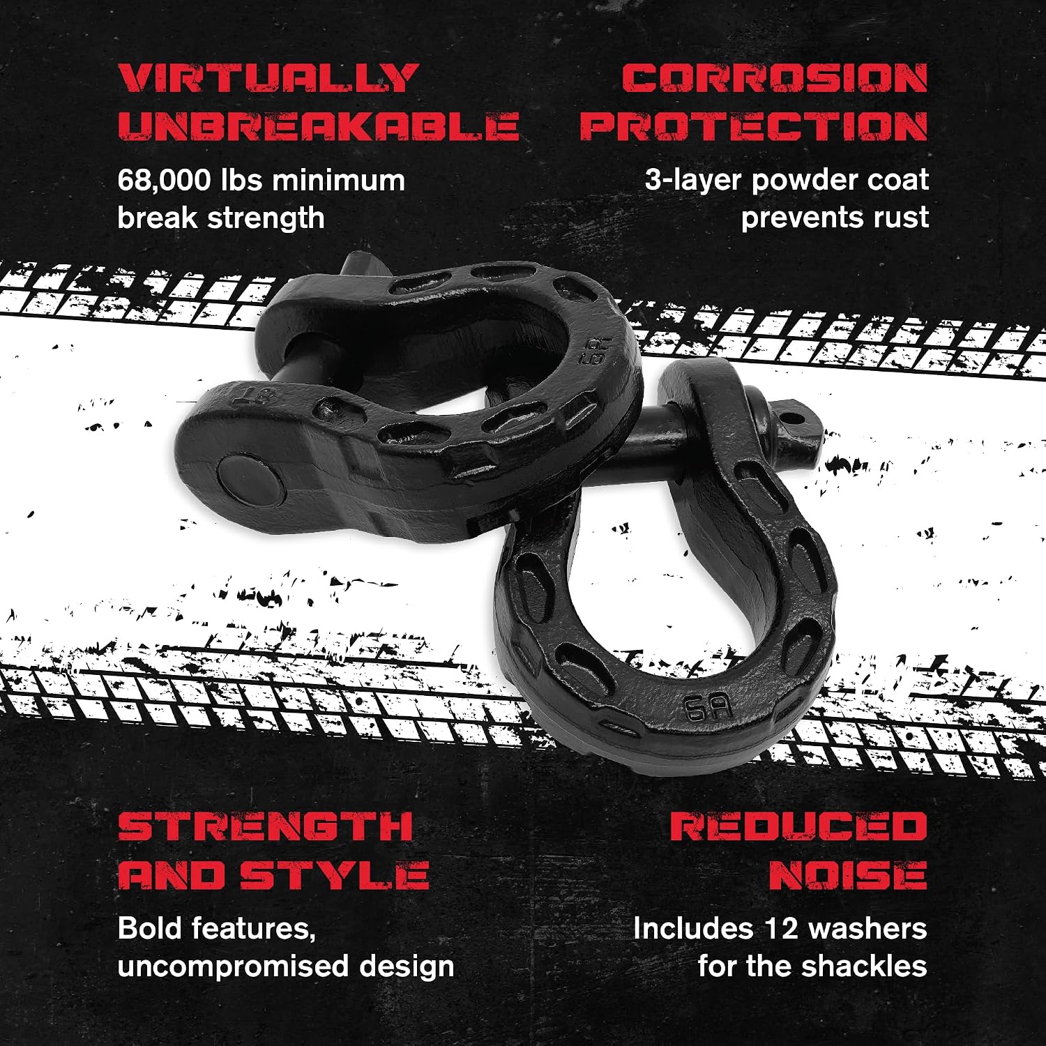 GearAmerica Mega Shackles – 68,000 lbs Capacity, Stronger Than 3/4" D Rings –Tow Shackle & 7/8" Pin & Washers – Securely Connect Tow Strap or Winch Rope for Off-Road Recovery - Black, 2-Pack