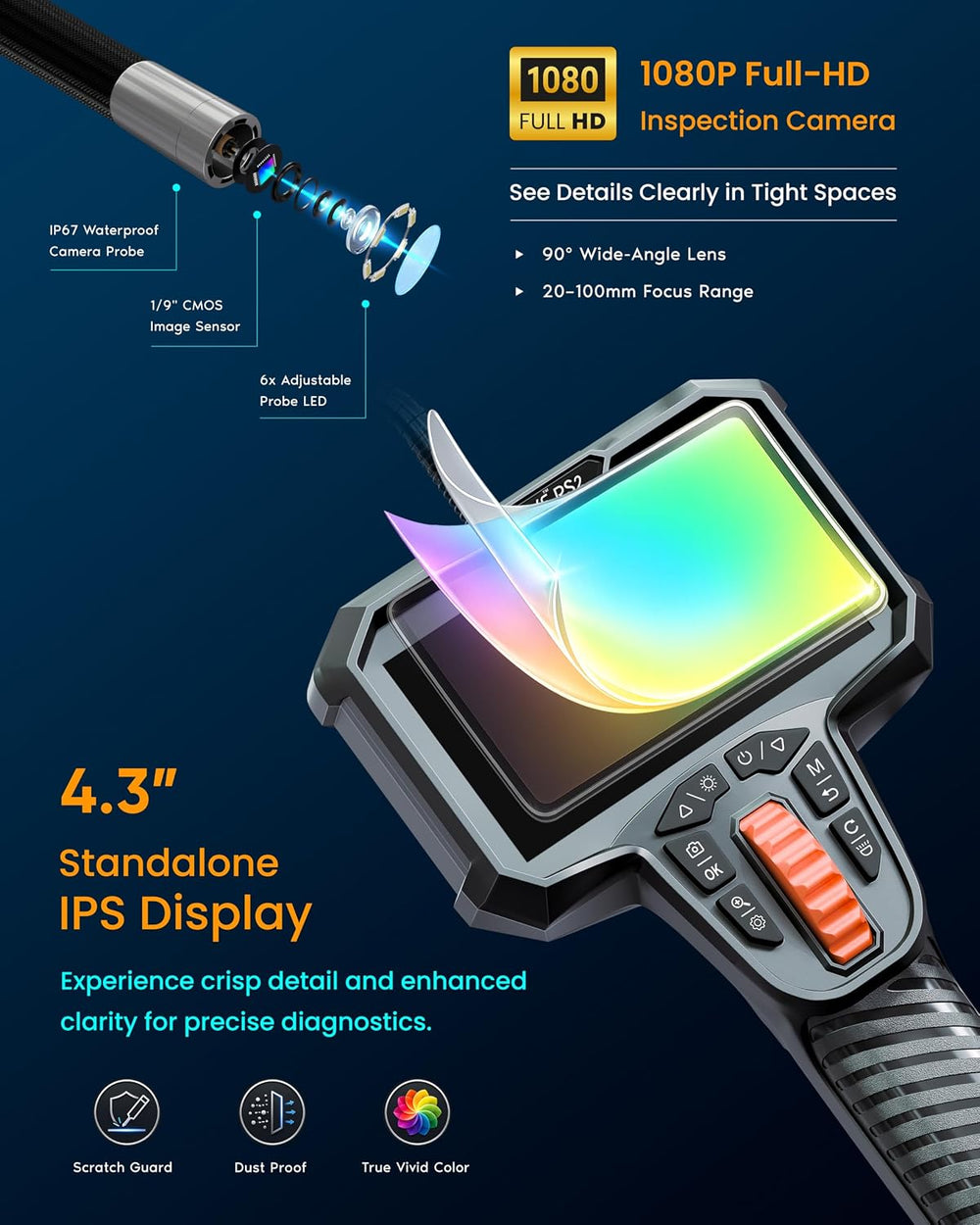 ROVE RS2 Articulating Borescope Camera with Light, 2-Way 210°, 32GB Card