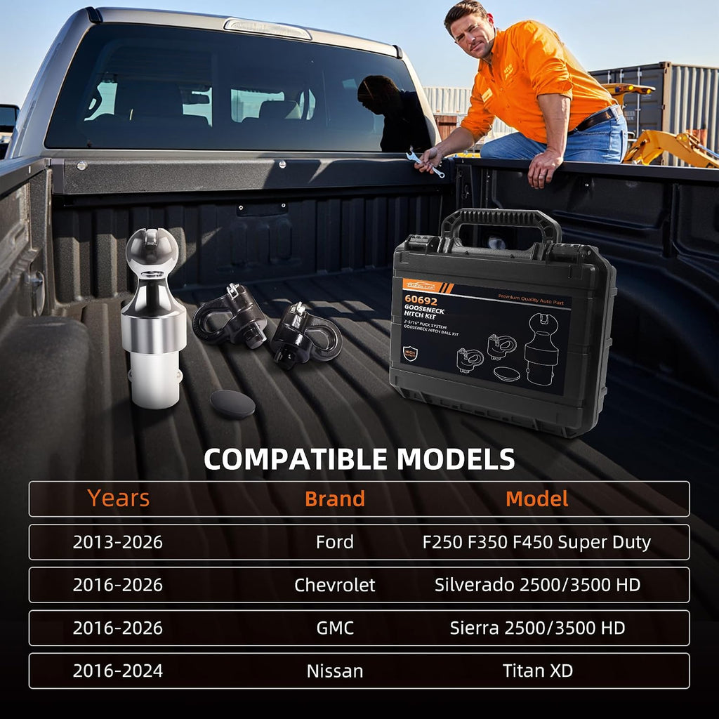 60692 Gooseneck Hitch Kit, 2-5/16 Gooesneck Ball Fits Ford 2013-2026 Ford F250 F350 F450, 2016-2026 Chevrolet Silverado, GMC Sierra & Titan XD，30000 lbs GTW/ 7500 lbs VTW，2 Safety Chain