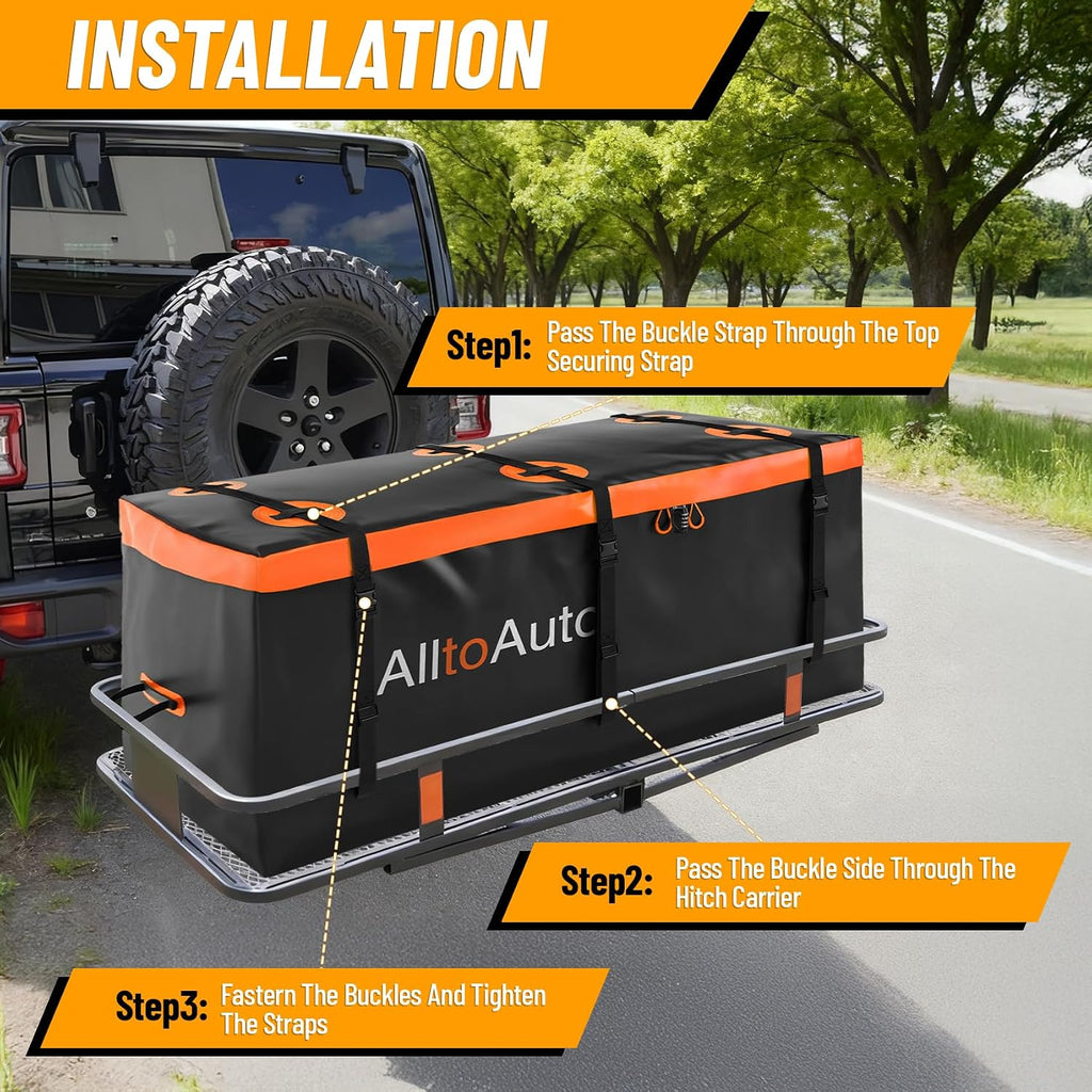 20 CuFt Waterproof Cargo Bag for Hitch Carrier | 60"x20"x29" Trailer Hitch Cargo Carrier | Weatherproof Truck Bed Storage with Straps, Lock & Carry Case | PVC Vehicle Soft-Shell Carriers