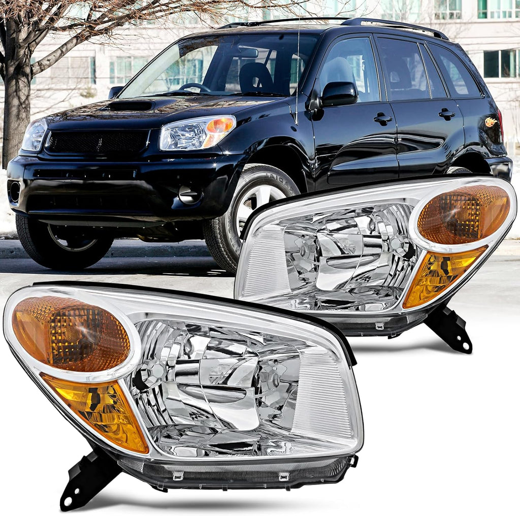 OE Style Headlights Assembly Set For 2004 2005 Toyota RAV4 Base L Sport SUV Replacement Halogen Bumper Headlamps Driver and Passenger Side Chrome Housing Clear Lens TO2518103 TO2519103(LH&RH)