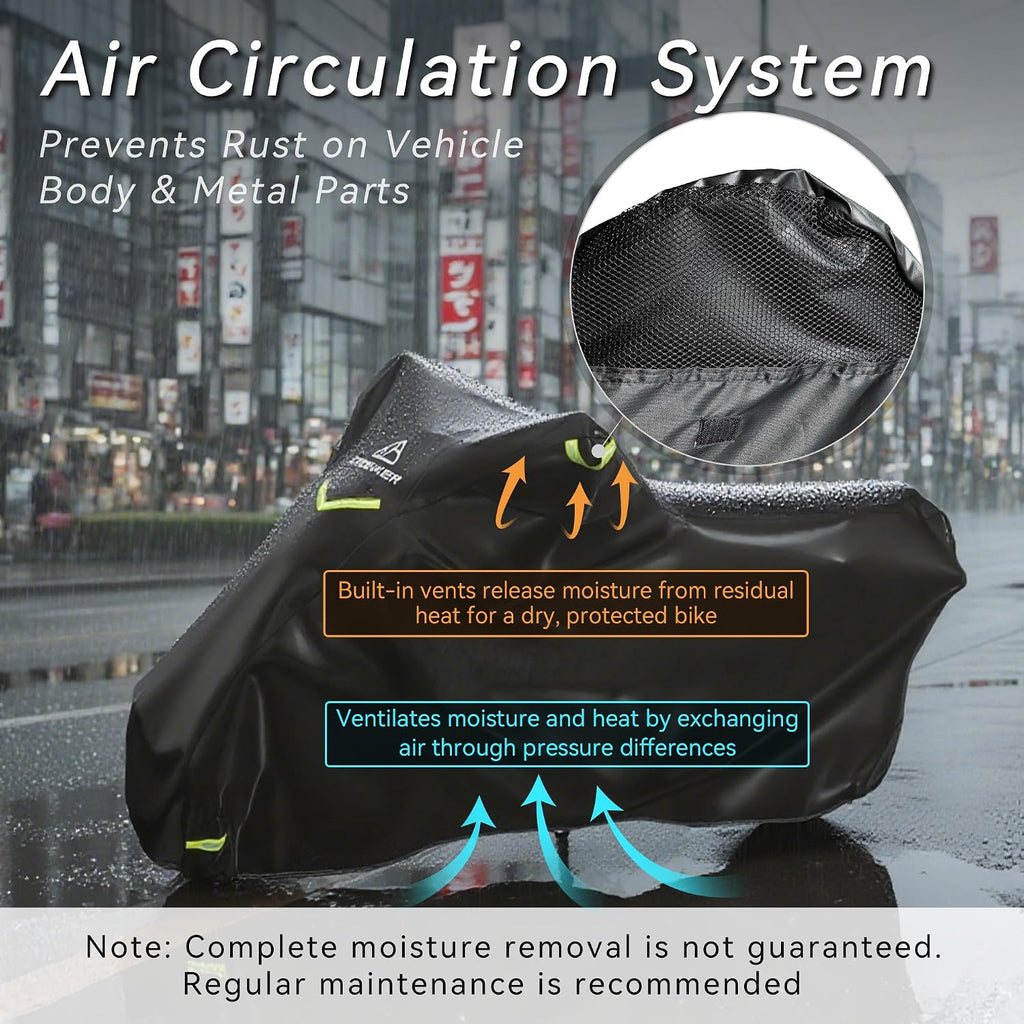 Motorcycle Cover 300D Waterproof Outdoor Night Reflective Breathable Vents All Season Rain Sun Dust Protection Universal Fit Powersports Vehicle Cover with Lock-Holes Fits up to 96.5"