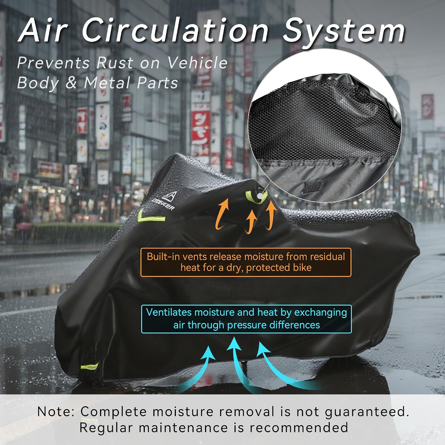 Motorcycle Cover 300D Waterproof Outdoor Night Reflective Breathable Vents All Season Rain Sun Dust Protection Universal Fit Powersports Vehicle Cover with Lock-Holes Fits up to 96.5"