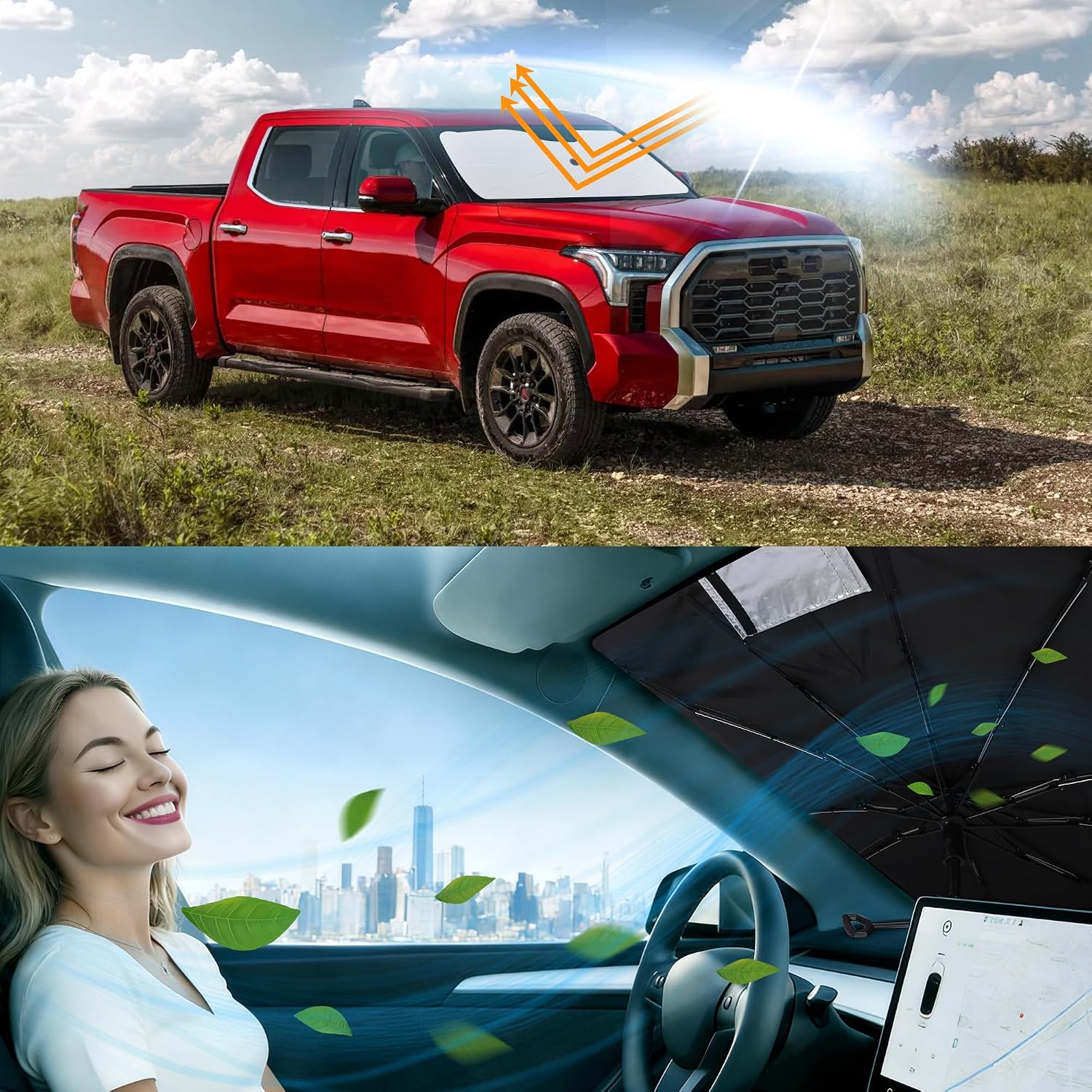 Windshield Sun Shade Umbrella Accessories Compatible with 2007 2008 2009 2010-2026 Tundra for Toyota Foldable Sunshade Sun Visor Blocks UV
