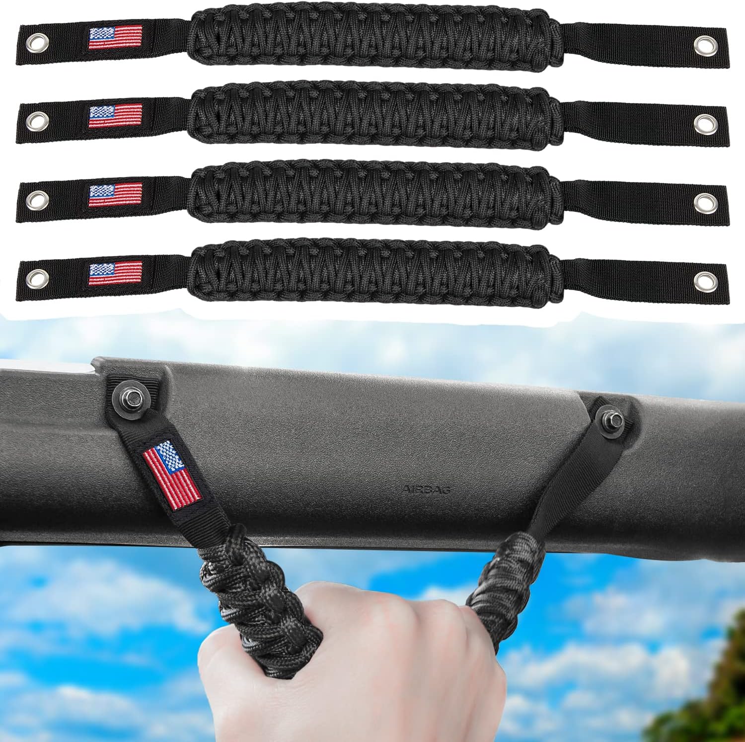 E-cowlboy Roll Bar Grab Handles Paracord Grip Handle for Ford Bronco 2021 2022 2023 2024 2-Door 4-Door Interior Accessories Premium Paracord US Flag (Black 4 Pack)