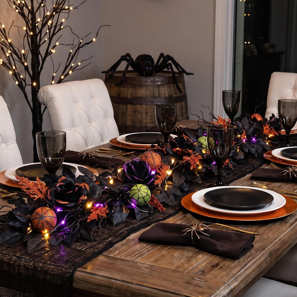 6FT Pre-Lit Halloween Garland with Lights, 2Pcs Black Rose Garland