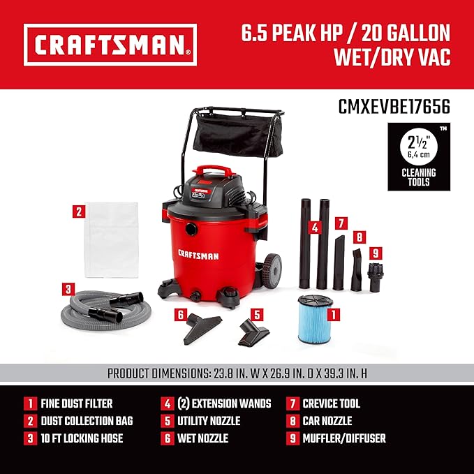 CRAFTSMAN CMXEVBE17656 20 Gallon 6.5 Peak HP Wet Dry Vac - Image 3