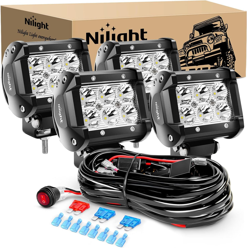 nilight 4pcs 4 inch 18w spot led light shown in use
