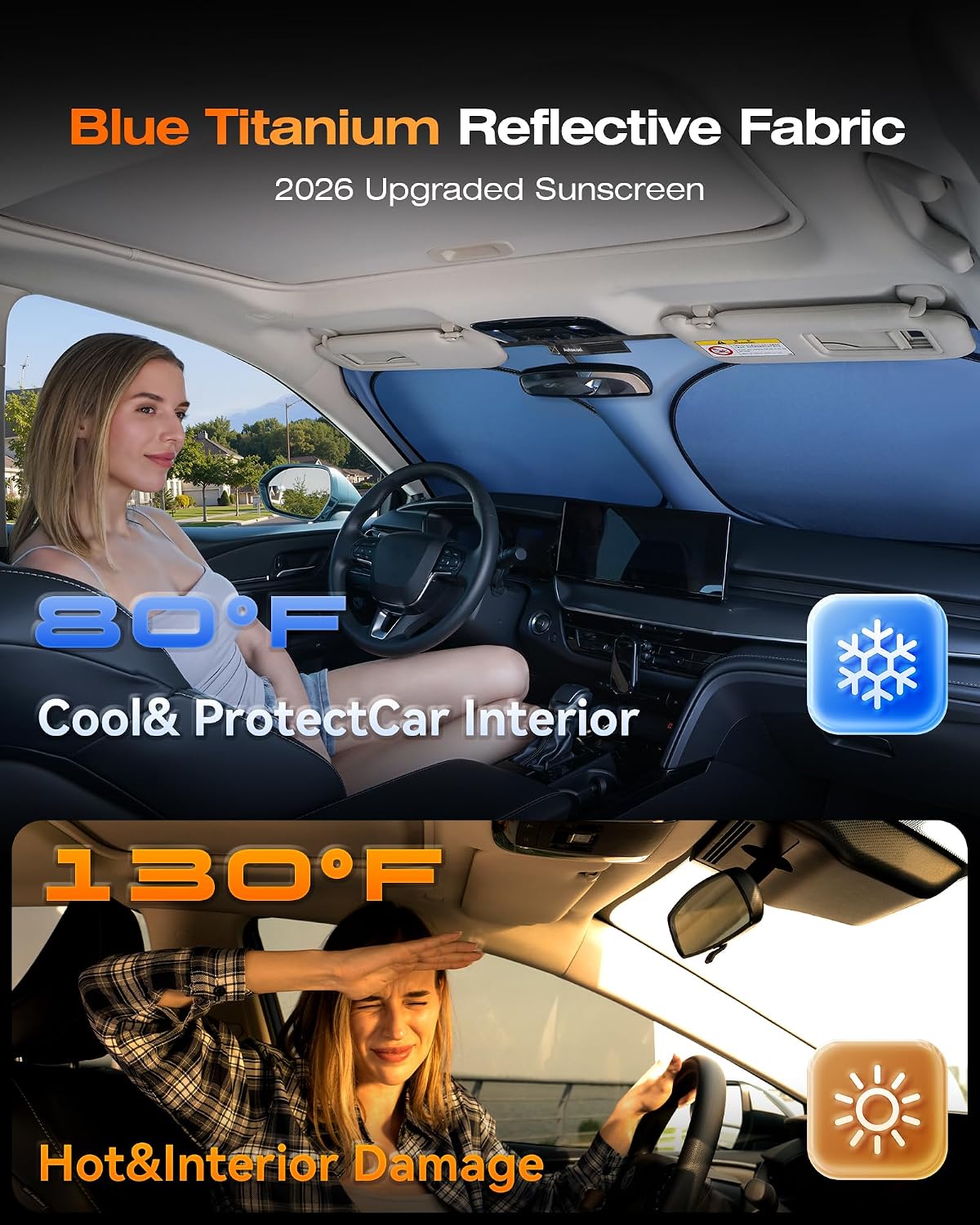 Titanium Silver Car Windshield Sun Shade, Reflective Cooling Windshield Shade Foldable, Sun Shade for Car Windshield with 99% UV Protection, for Hot Weather Parking, Cars SUVs Trucks 64"x32"