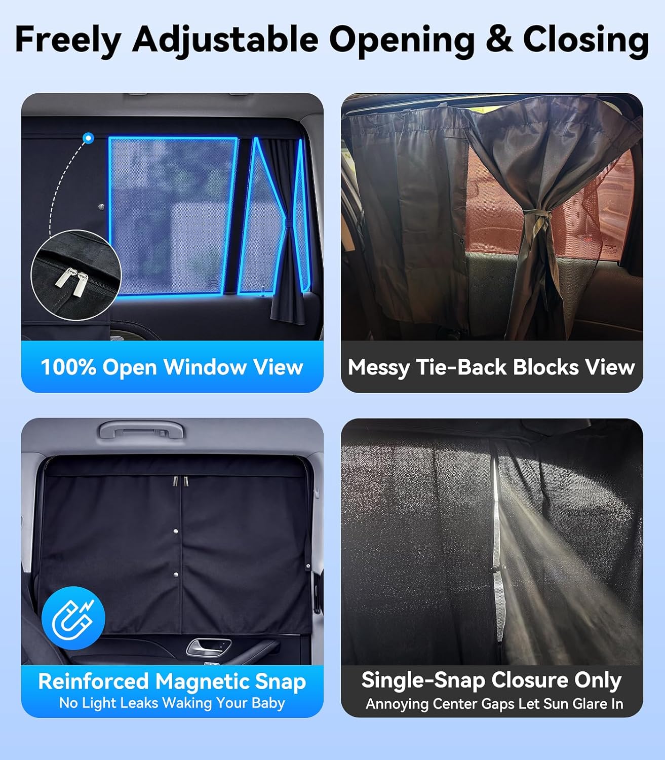 Nmoiss [2026 Upgraded] Car Window Shades for Baby [Blocks 100% UV & Harsh Sunlight] (2 Pack) Double Layer Side Window Curtains Roll Windows Down Privacy Full Covers/Half Shade Options Large