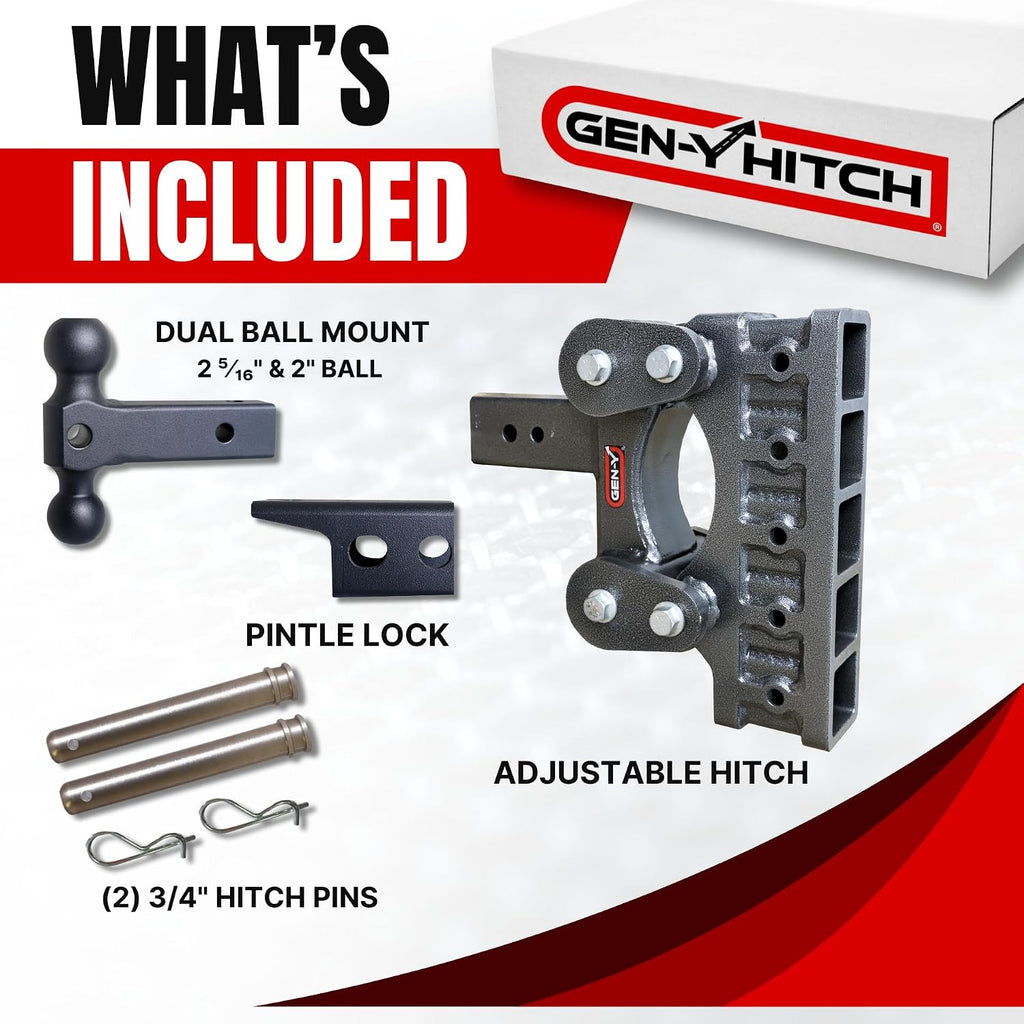 GEN-Y Hitch Heavy Duty Tow Hitch for 2.5" Receiver - 9" Drop/Rise with 5 Adjustable Positions, Includes Dual Ball Mount, Pintle Lock and Pins, 32,000 lbs Towing Capacity, 3,500 lbs Tongue Weight