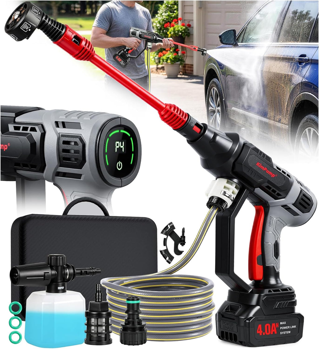 KimPump Cordless Car Washer with 6-in-1 Nozzle, Portable Vehicle Cleaning Tool with Copper Brushless Motor | LCD Touch Panel 4 Adjustable Levels | Weighted Filter | Spray Tool for Car, Garden, Home