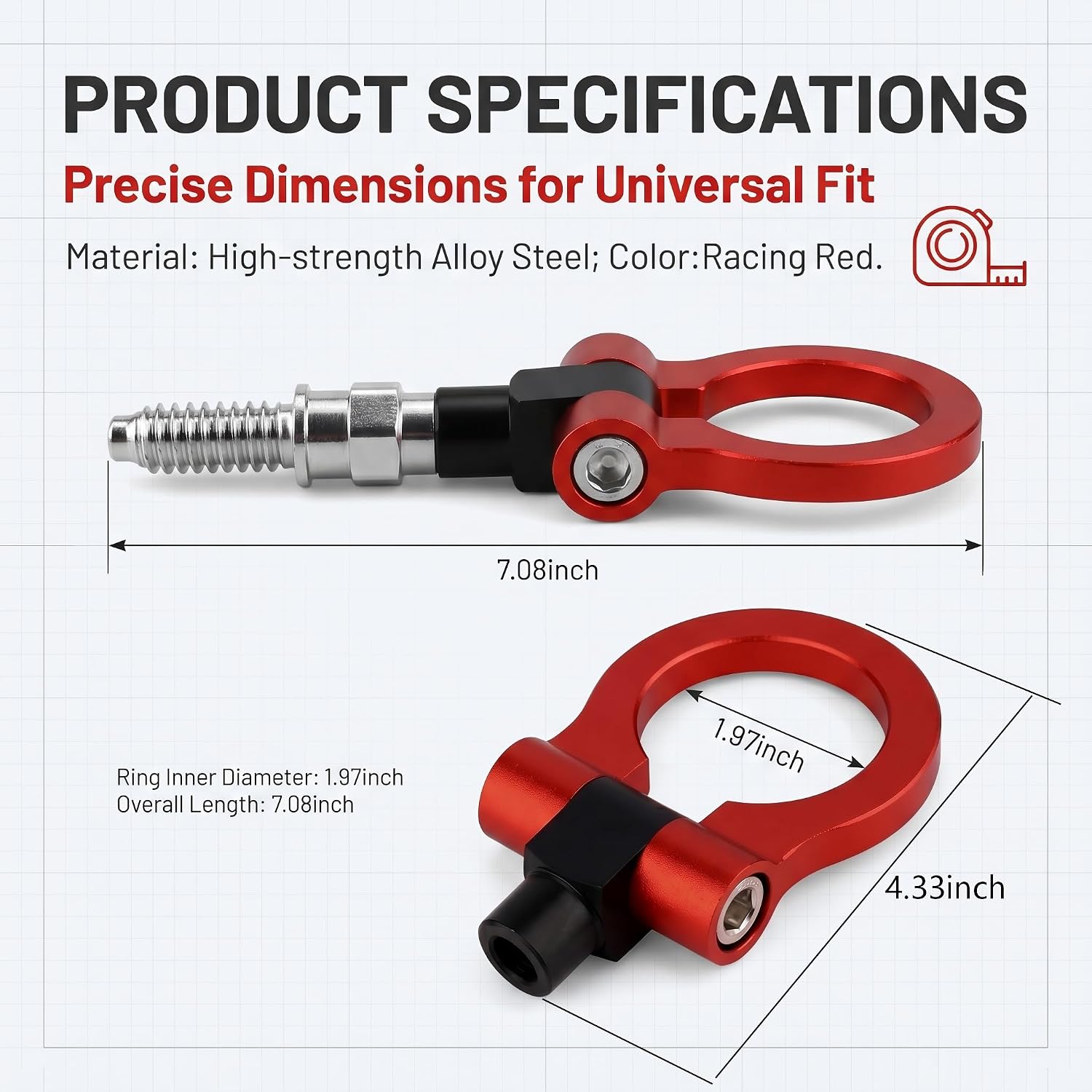 Car Front Bumper Tow Hook, Alloy Racing Style Recovery D-ring, Heavy-duty Rustproof Modification Towing Hook with European Thread, Not Suitable for Japanese Cars Trucks SUVs (Red)