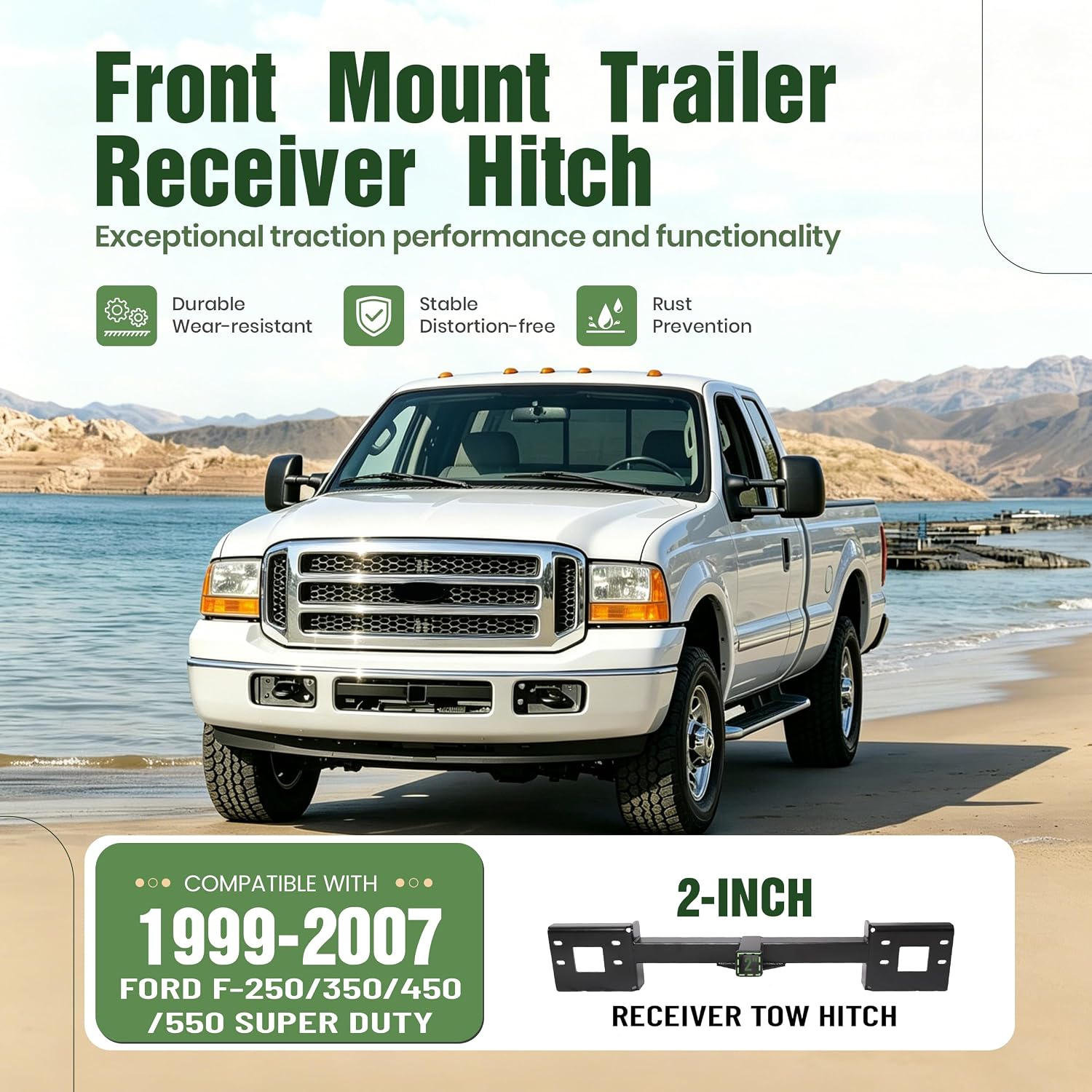 ALMULOO 2" Front Mount Trailer Receiver Hitch Compatible with 1999-2007 Ford F-250/350/450/550 Super Duty w/2" Receiver Powder Coated Steel Replacement for 65022
