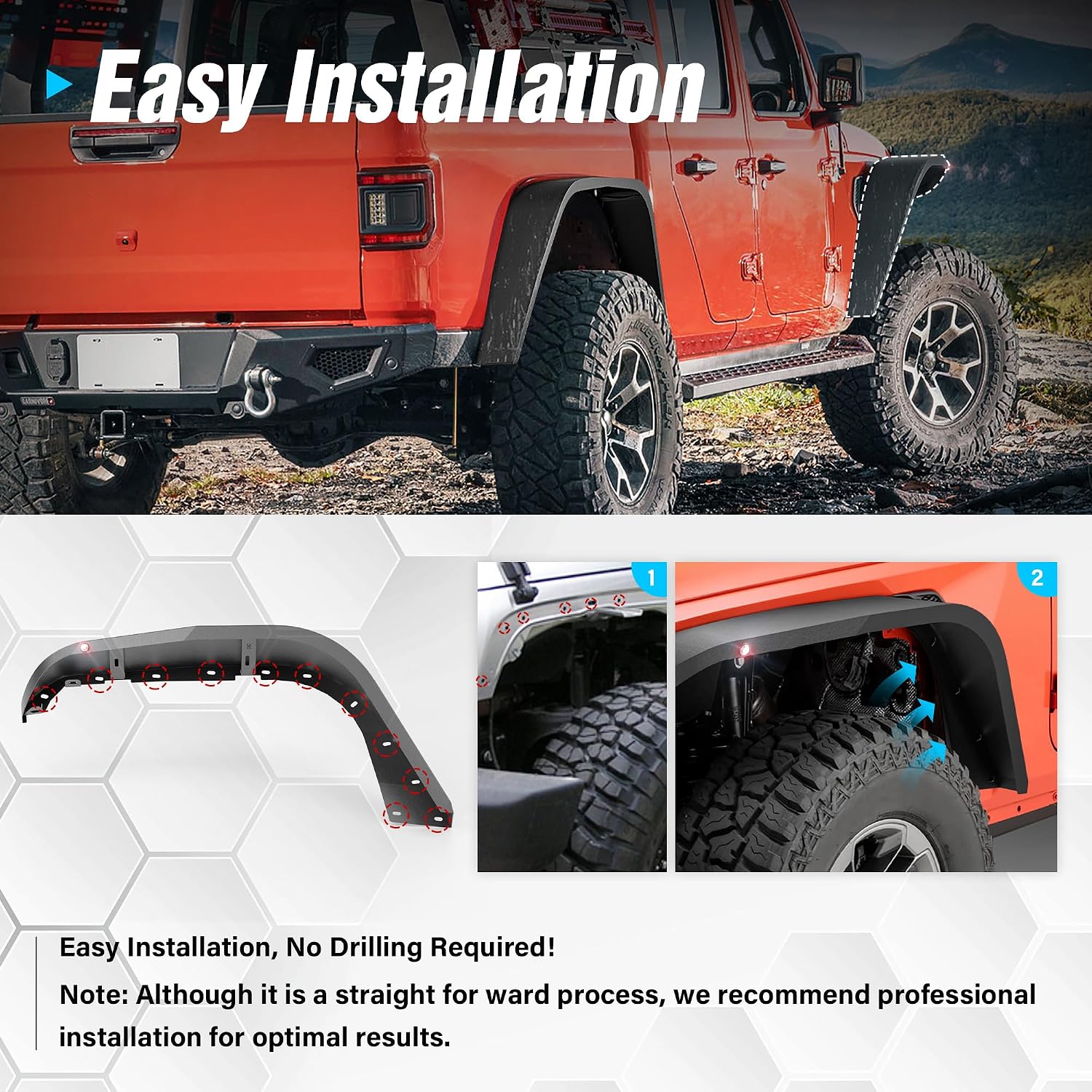 for Gladiator JT Front Fender Flares Compatible with 2020-2026 Jeep Gladiator JT with Built-in Eagle Eye LED Light, Heavy Duty Steel Mud Guard Off-Road Wheel Fenders, Textured Black (2 PCS Kit)