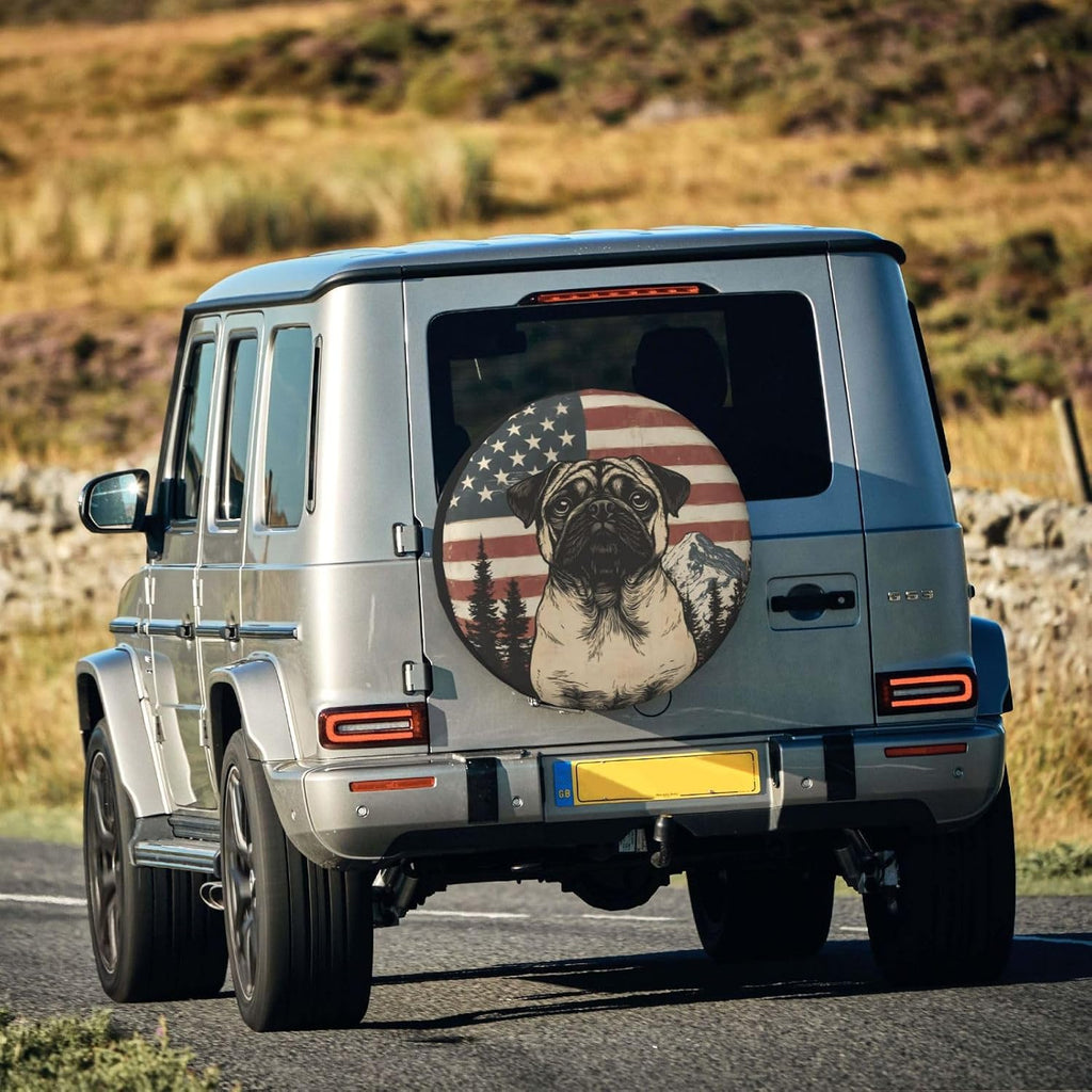 Spare Tire Cover for RV Camper, Pug American Flag Tire Cover Protectors, Weatherproof Universal Wheel Cover for RV Travel Trailer Camper Truck 14in