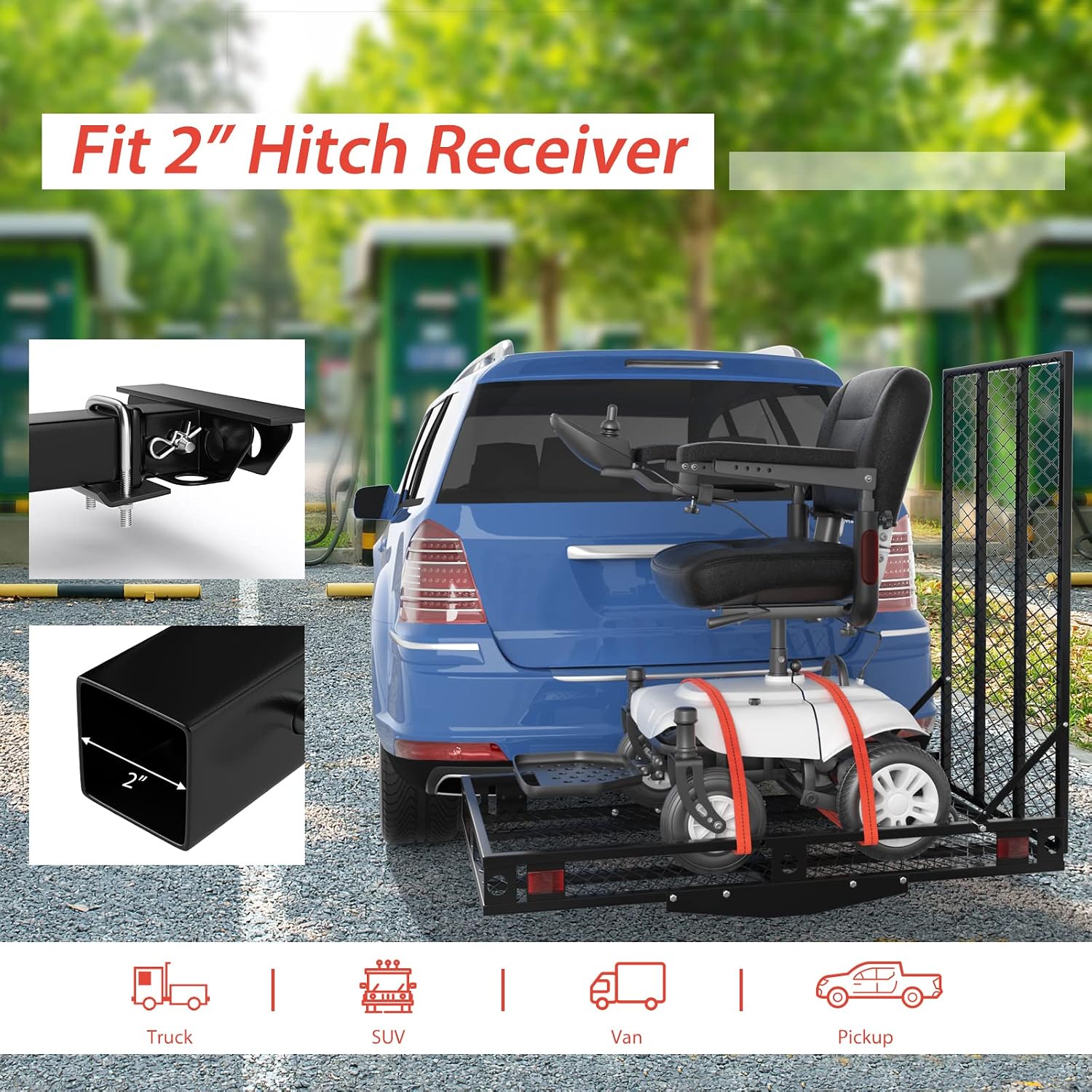 Goplus Mobility Scooter Carrier, 50” x 29.5” Folding Wheelchair Carrier for Car with 42” Ramp, Stabilizer & 2 Tie Down Straps, 500 LBS, Fit 2" Hitch Receiver, Hitch Cargo Carrier for SUV Car