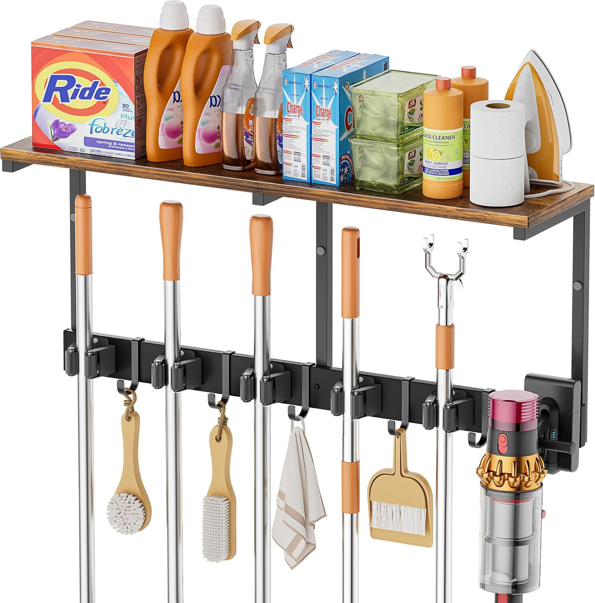 broom holder wall mount with cleaning supplies organizer, main product view