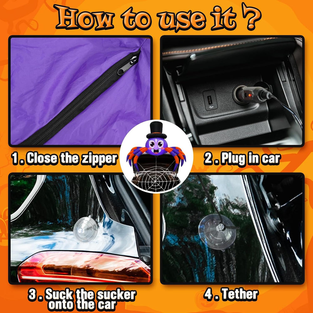 Halloween Trunk or Treat Car Decorations Kit Inflatable Spider with LEDs