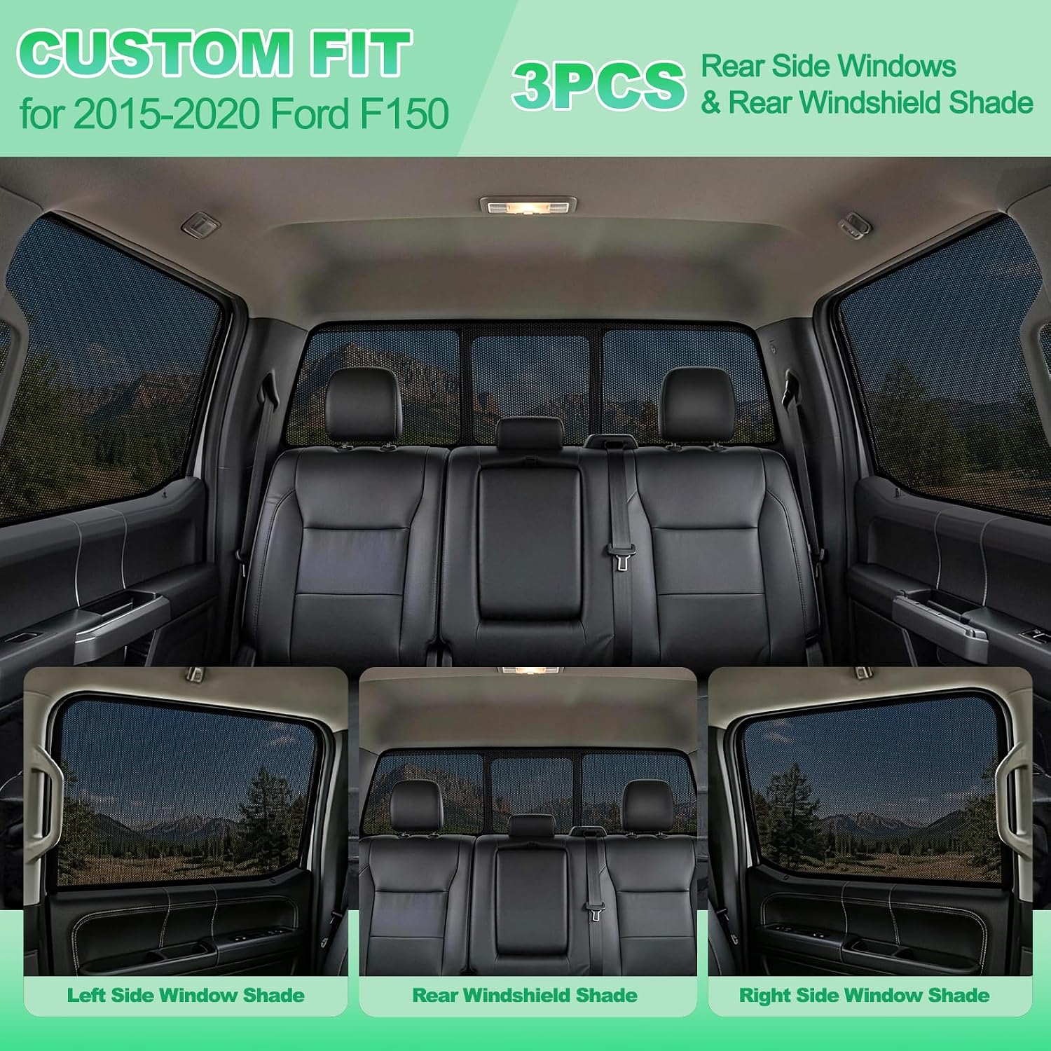 F150 Rear Window Shades 2015-2020, 3PCS Full Coverage Set | Custom Fit, Full Rear Window Coverage, Heat & UV Protection, Privacy & Ventilation