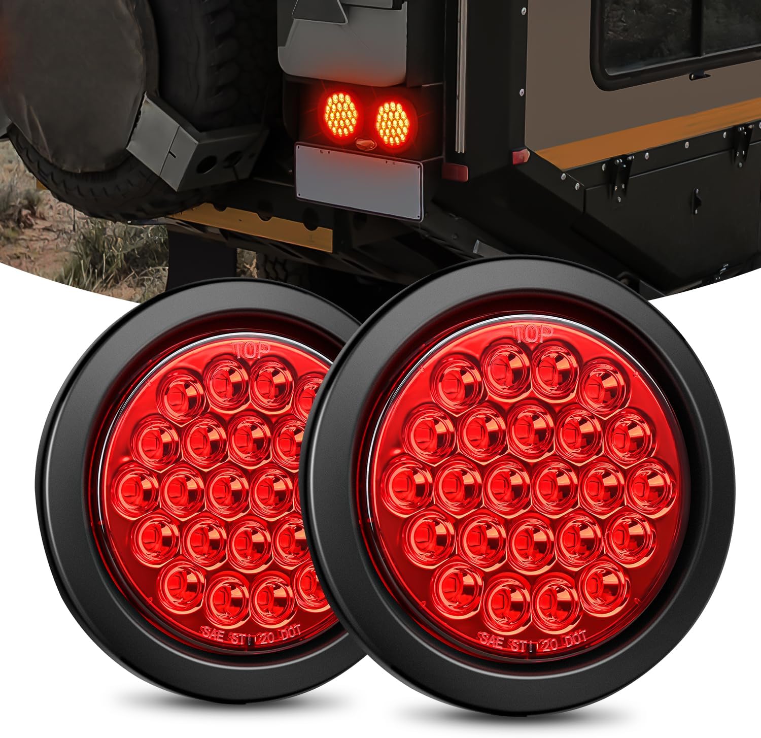 Nilight 4Inch Round Trailer Tail Light 2PCS 24LED Red Stop Brake Turn Marker Lights w/Flush Mount Grommets Plugs IP67 Waterproof for 12V Truck Bus RV Camper ATV UTV