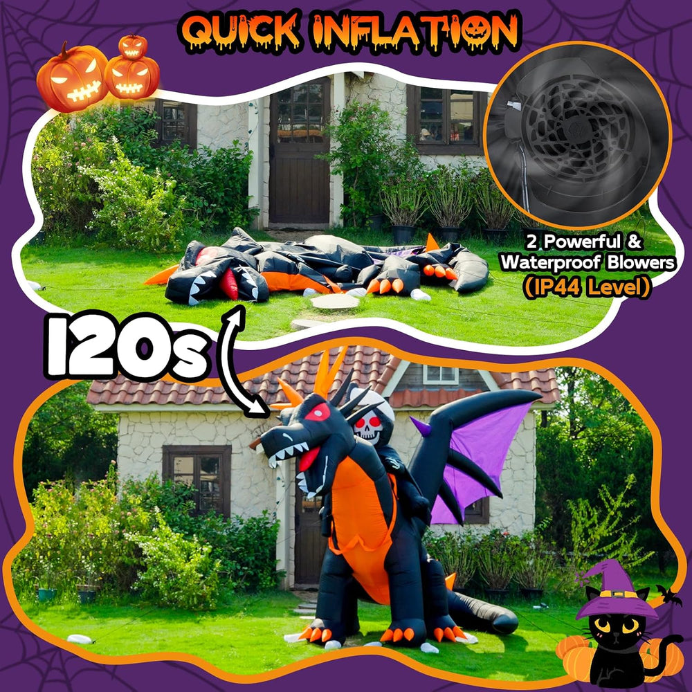11.5FT Long Animated Dragon & Grim Reaper Halloween Inflatable, Moving Head