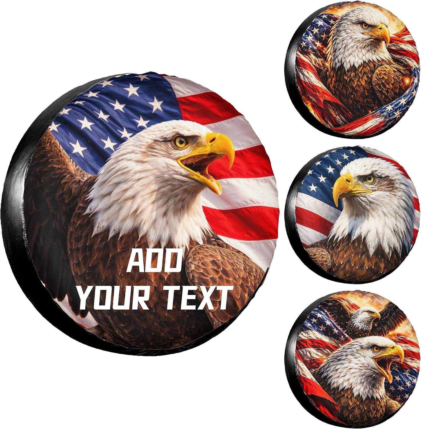 Custom Spare Tire Cover with Text, Personalized Waterproof American Flag & Bald Eagle Tire Cover for Jeep Wrangler, RV, Trailer 14" 15" 16" 17" Patriotic Outdoor Car Accessory