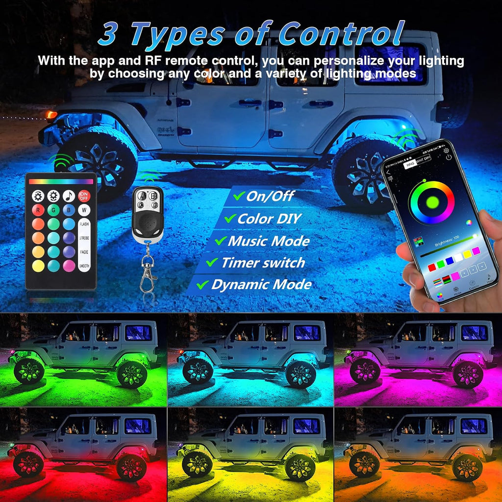 8Pods Full Angle RGB LED Rock Lights Kit with APP/RF Remote Control, Bright Underglow Lights with Brake Multicolor Neon Underbody Lights Waterproof 12V for Trucks Pickup Jeep Golf Cart SXS ATV