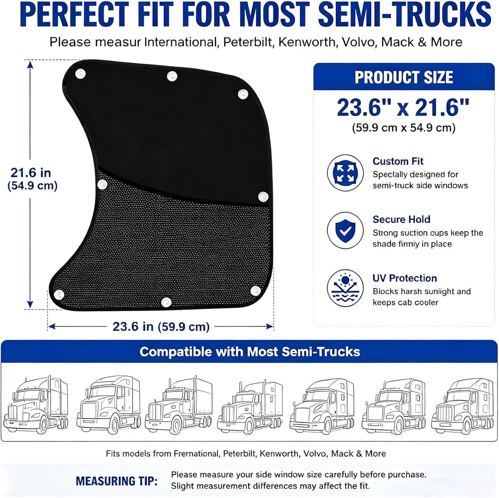 Semi Truck Side Window Sun Shades for Hino 258LP 2015-2026, 2 Pack Breathable Privacy Mesh Window Covers with 8 Suction Cups, Driver & Passenger Side | Helps reduce cabin heat, maintains outside visibility, flexible fabric, everyday travel ready