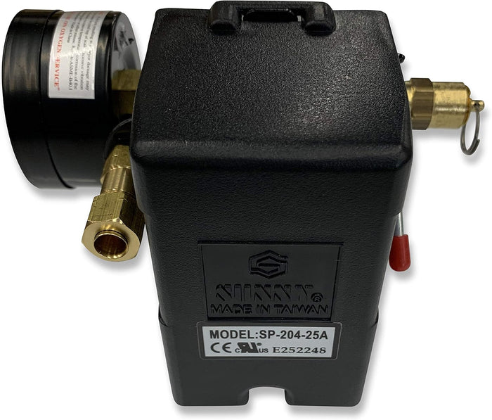 25 AMP Air Compressor Pressure Switch 4 Port 145-175 PSI w/Back Mount 0-200 PSI Gauge 200 PSI pop off valve
