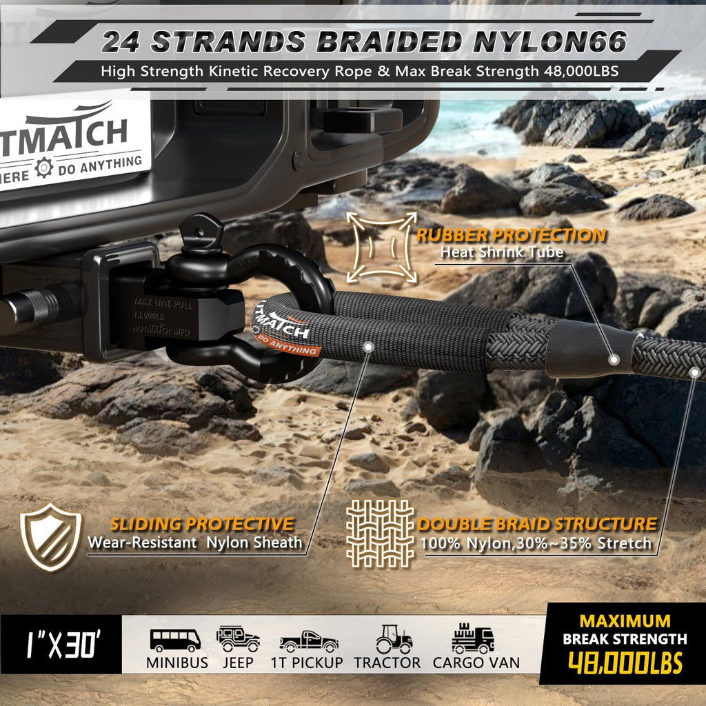 AUTMATCH Kinetic Recovery Tow Rope 1" x 30FT - Heavy Duty Energy Recovery Tow Rope 48000Lbs, 35% Elasticity Offroad Snatch Strap for 4x4 Off-Road Vehicle, Truck, Trailer, ATV, UTV, Black