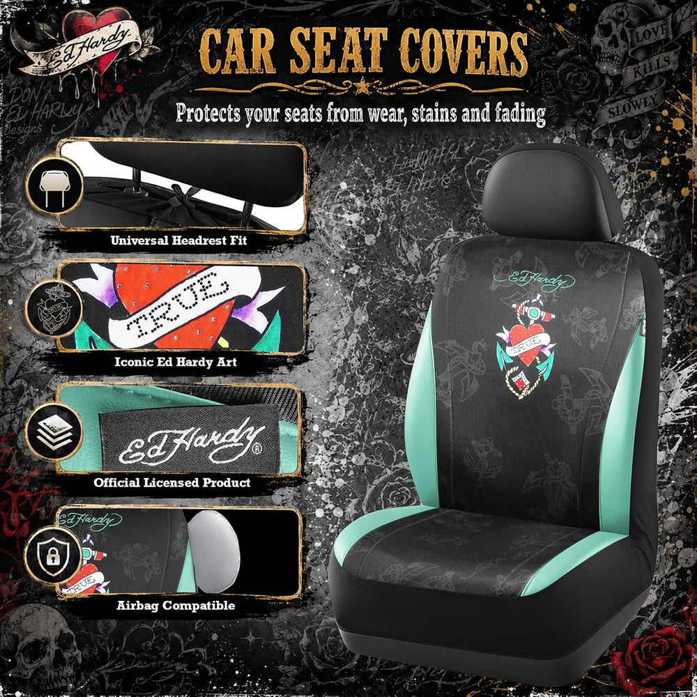 ED HARDY Heart Print Car Seat Covers, Mint Leather Patchwork Design Front Sea...