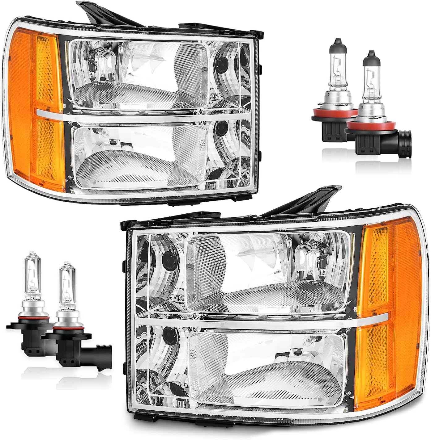 Headlights Assembly for 07-13 GMC Sierra 1500/07-14 Sierra 2500 HD 3500 HD Headlamp Replacement Chrome Housing Driver & Passenger Side