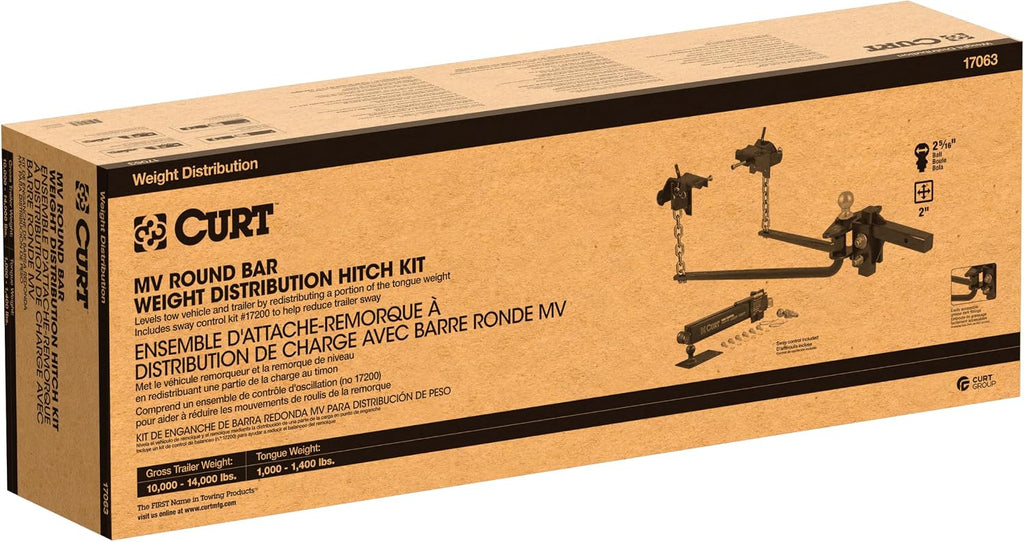 CURT 17063 Round Bar Weight Distribution Hitch with Sway Control, 2" Shank, 2-5/16" Ball, 10,000-14,000 lb GTW, 1,000-1,400 lb TW, Integrated Lubrication for Travel Trailers and Campers