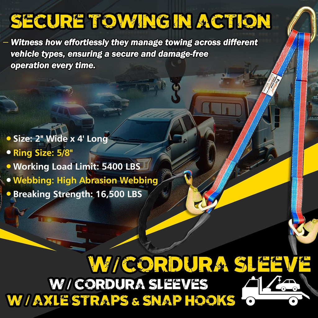 V-Bridle Tow Strap(Red&Blue) 2" x 4' with Snap Hooks, Cordura Sleeve, and Axle Straps, D-Ring for Enhanced Stability, Recovery Strap 5500lbs Load for Car Towing, Rollback, Flatbed, Tow Truck