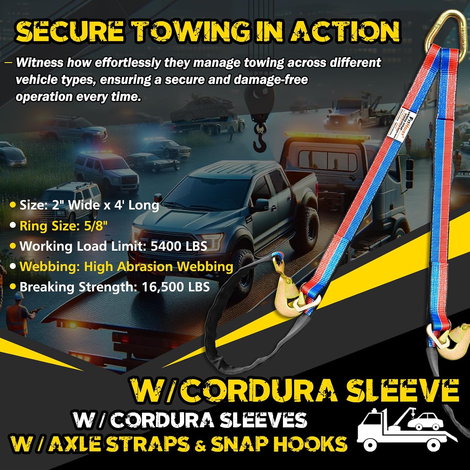 V-Bridle Tow Strap(Red&Blue) 2" x 4' with Snap Hooks, Cordura Sleeve, and Axle Straps, D-Ring for Enhanced Stability, Recovery Strap 5500lbs Load for Car Towing, Rollback, Flatbed, Tow Truck