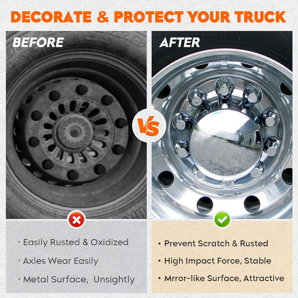 Chrome ABS 33 mm Thread-On Dome Axle Cover Combo Kit, 2 Front and 4 Rear with Removable Hub Caps and Lug Nut Covers for Semi Truck