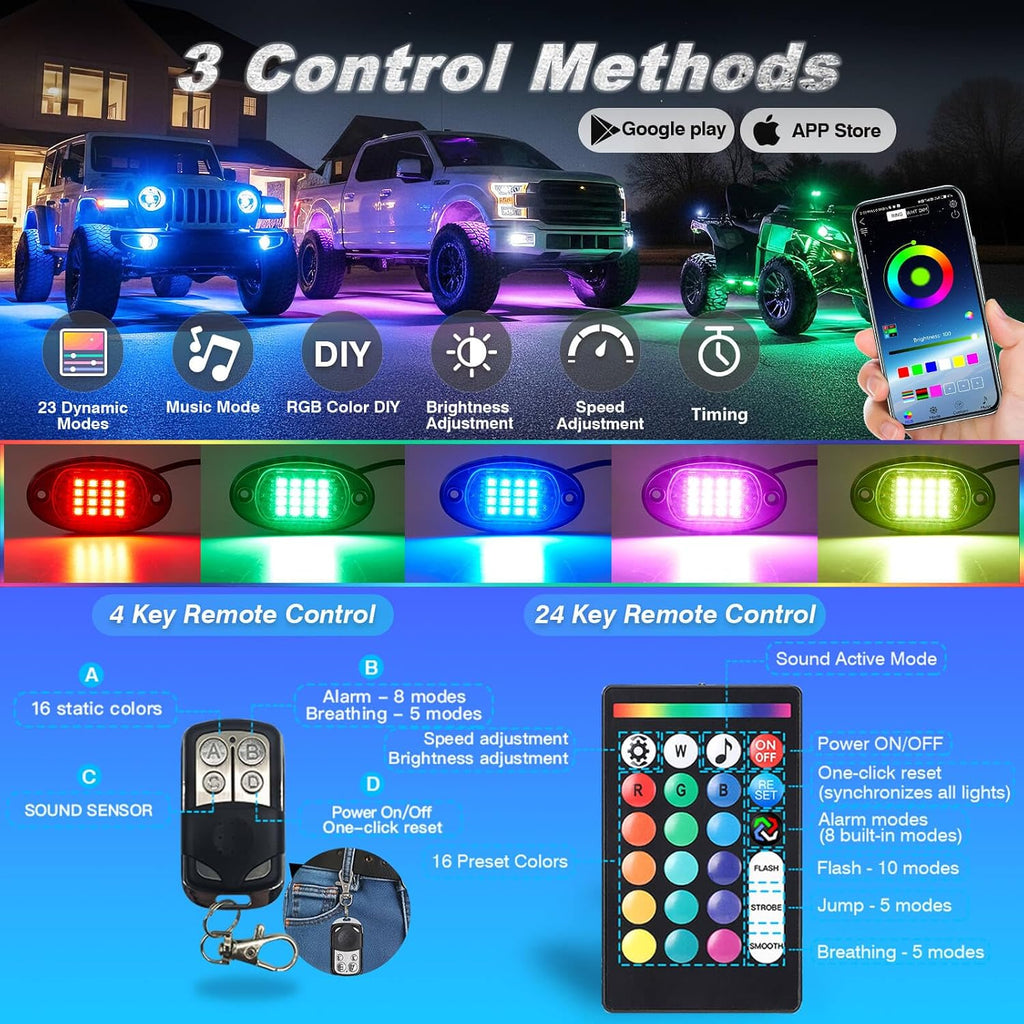 8Pods Segmented RGB LED Rock Lights Kit for Jeep Trucks UTV ATV Golf Cart RZR SXS Offroad Four Wheeler with APP/RF Remote, Multi Color Underglow Light Waterproof Music Neon Underbody 12V