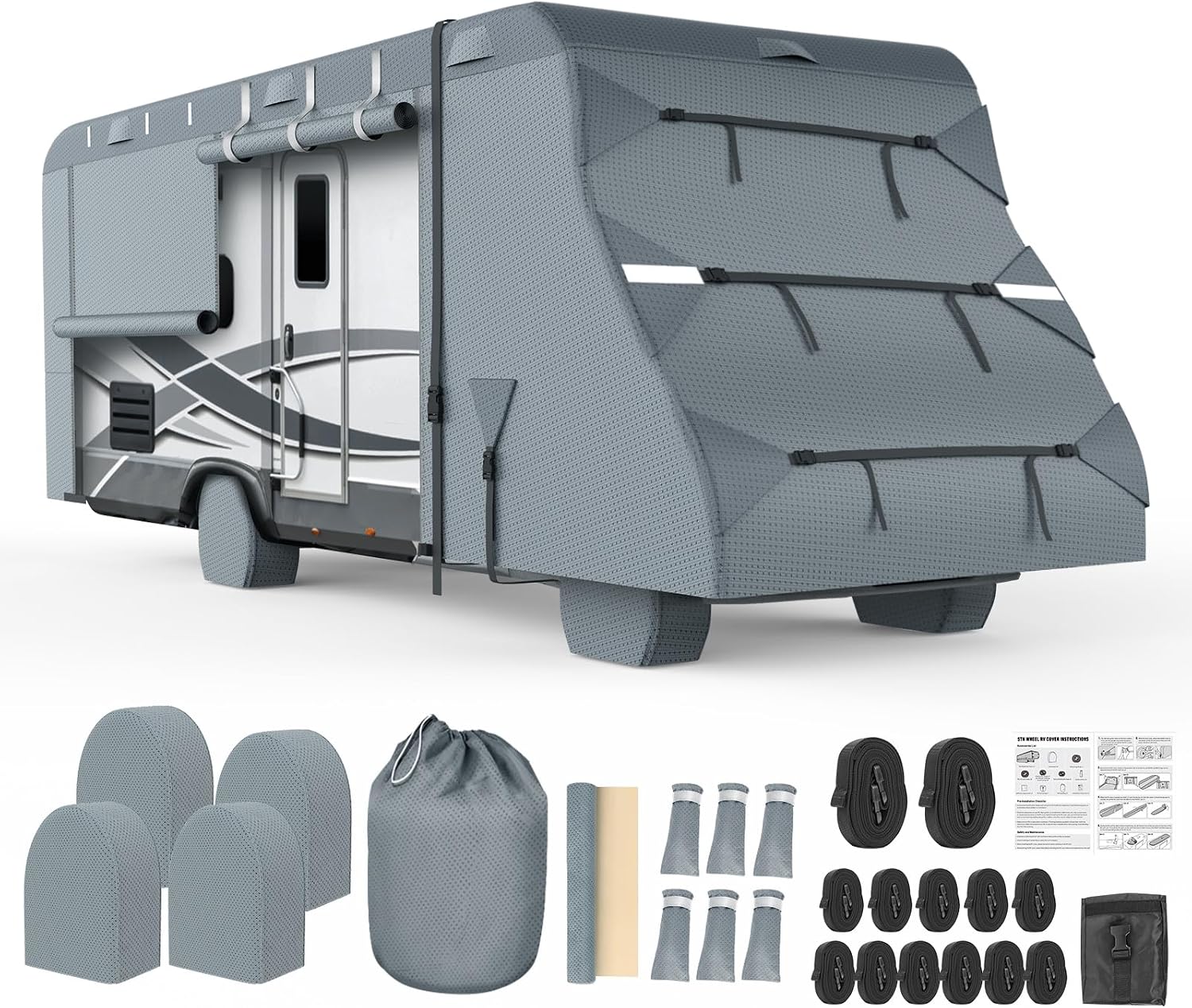 Class C RV Cover, 23'-26' Camper Cover, Upgraded 8-Layer UV Protected RV Cover, Wind and Water Resistant with Extra Harness, Tire Cover and Gutter Cover