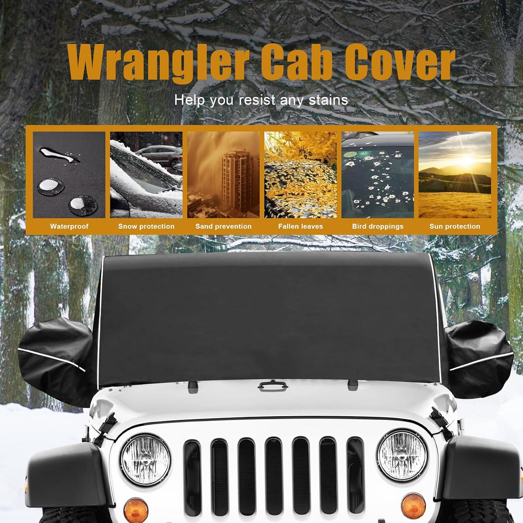 MAIKER OFF ROAD 600D Cab Cover Windproof Sunshade Cover Compatible with Jeep Wrangler JK JL 2-Door 2007-2024, 6-Layer Protection Frost Wiper & Mirror Covers Protect from Sunshine, UV, Snow, Rain