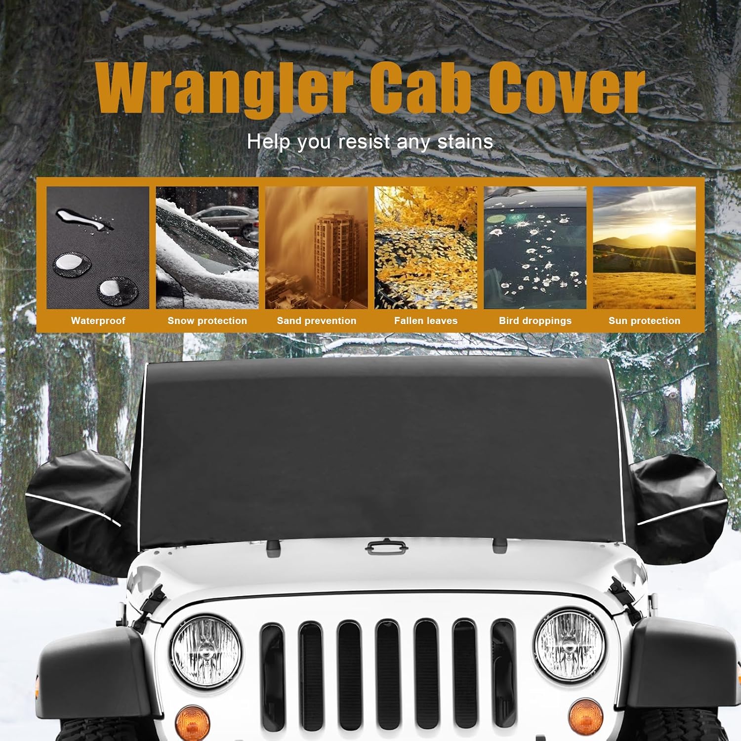 MAIKER OFF ROAD 600D Cab Cover Windproof Sunshade Cover Compatible with Jeep Wrangler JK JL 2-Door 2007-2024, 6-Layer Protection Frost Wiper & Mirror Covers Protect from Sunshine, UV, Snow, Rain