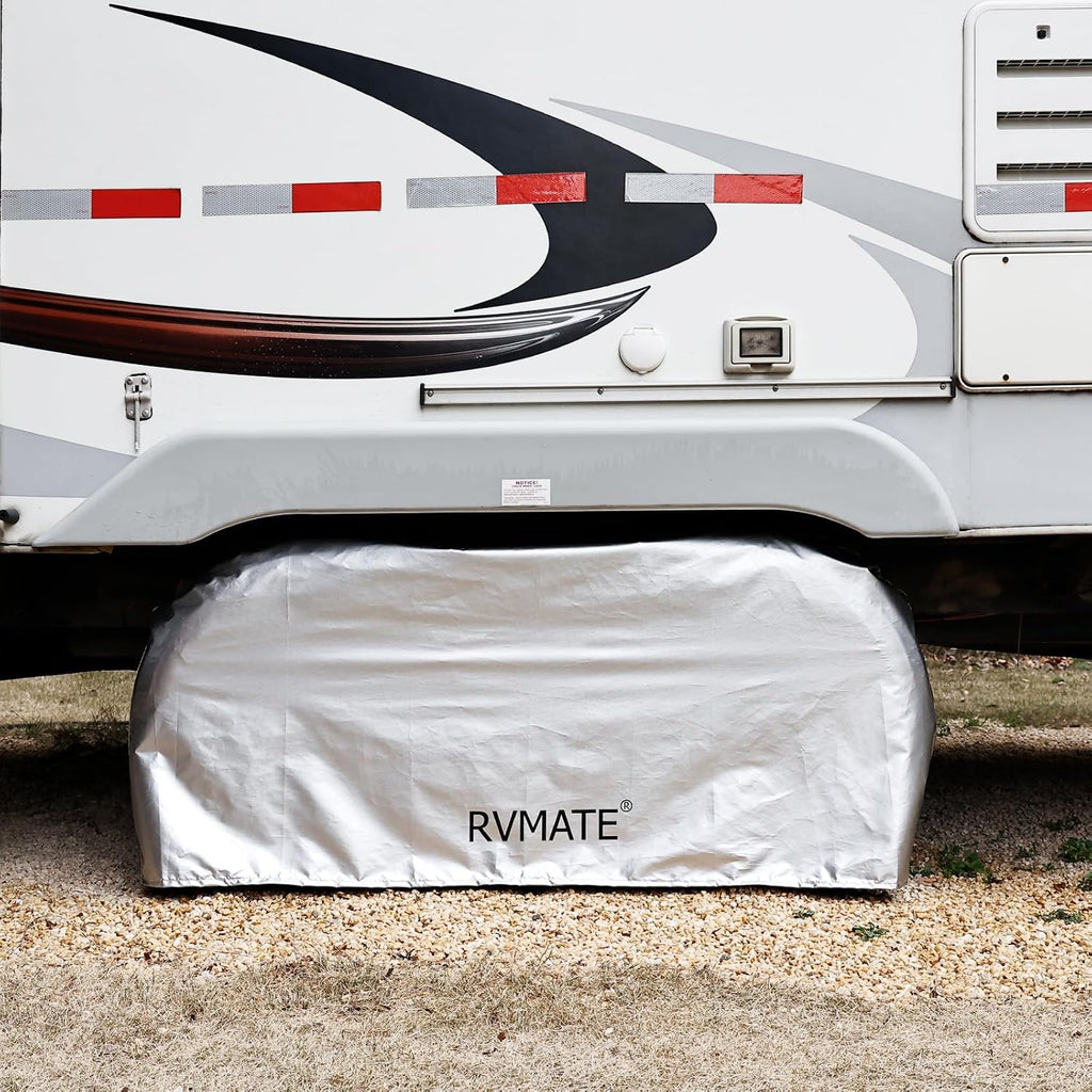 RVMATE RV Tire Covers, Dual Axle Wheel Cover (2 Pack) Fits 27"-30" Diameter Tires, Waterproof Anti-UV 420D Oxford Silver Dual Tire Covers RV Accessories for RV/Truck/Trailer